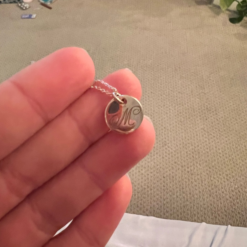 Initial 'M' Engraved Disc Necklace - Silver Tone